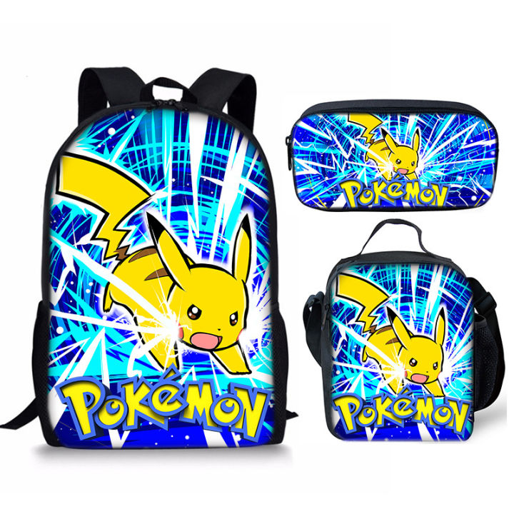 Pokemon Student Pikachu School Bag, Cartoon Anime Three-Piece Lunch Bag, Pencil Case, Backpack
