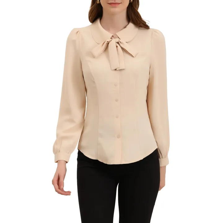 Women's%20Button%20Down%20Shirt%20Peter%20Pan%20Collar%20Tie%20Neck%20Workwear%20Blouses%20XS%20White%20-%20Image%204