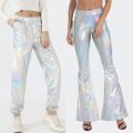 Women Girls PU Leather Metallic Pants Shiny Holographic Flare Pants Bodycon Elastic Waist Bell Bottom Trousers Clubwear. 