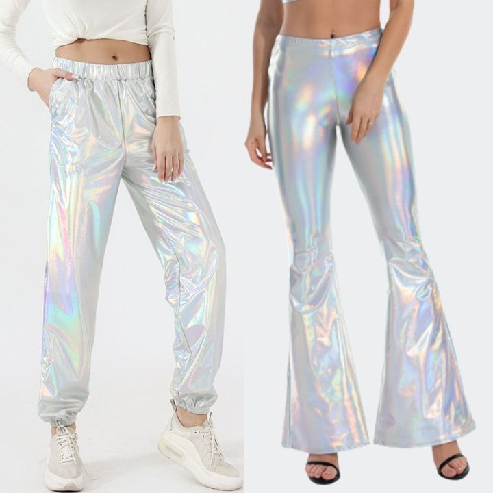 Women Girls PU Leather Metallic Pants Shiny Holographic Flare Pants Bodycon Elastic Waist Bell Bottom Trousers Clubwear