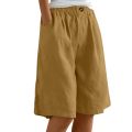 Fashion Solid Color Pants Pocket Button Up Capris Elastic Waist Loose Cotton Linen Women's Shorts.