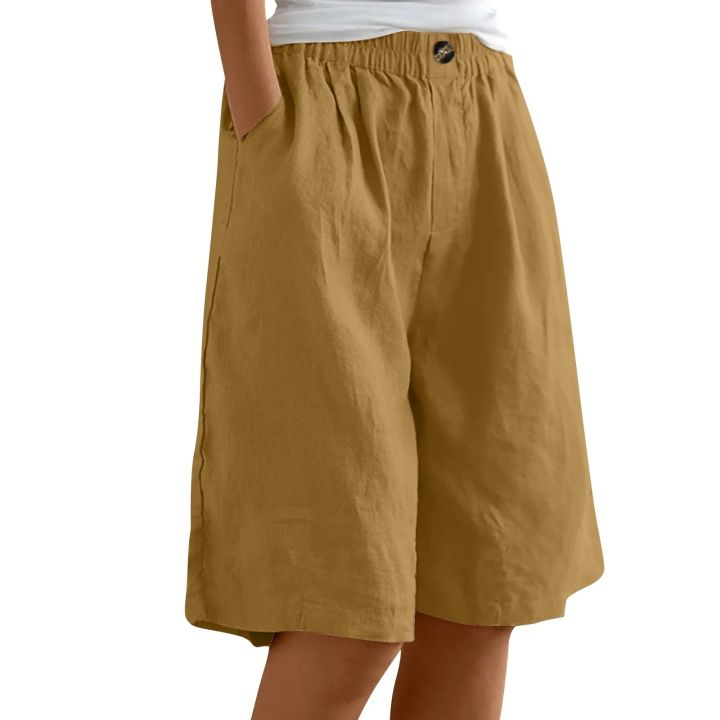 Fashion%20Solid%20Color%20Pants%20Pocket%20Button%20Up%20Capris%20Elastic%20Waist%20Loose%20Cotton%20Linen%20Women's%20Shorts%20-%20Image%207