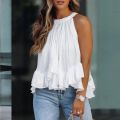 Ruffles Blouse Women Sleeveless Vest Pleated O-neck Solid Elegant Tops Tee Tank Plus Size Summer Casual Shirt blusas. 
