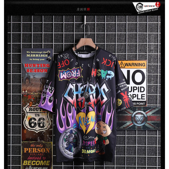 Jnese%20ins%20graffiti%20T-shirt%20male%20short-sleeved%20large%20size%20loose%20summer%20stuHong%20Kong%20trend%20half-sleeved%20tshirt%20-%20Image%202