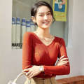 Uniqlo Spring Summer Autumn Collection Interior and Exterior Slim fit Women's Solid Color Short T shirt V neck Long Sleeve Bottom Shirt.