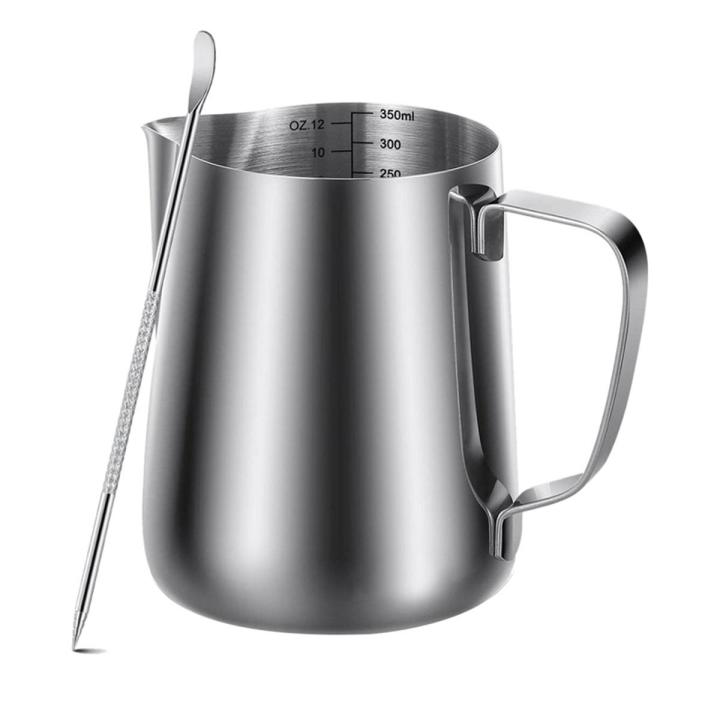 Milk Frothing Pitcher 350Ml (12Oz)Steaming Pitchers Stainless Steel Milk Coffee Cappuccino Latte Art Barista Steam Pitchers Milk Jug Cup with Decorating Pen