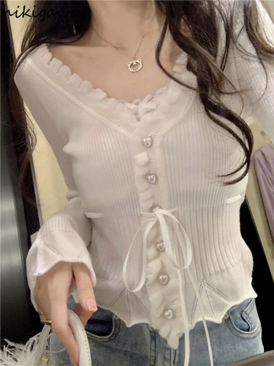 Sweet%20Cardigan%20for%20Women%20Lace%20Ruffles%20Bandage%20Tops%20Y2K%20Clothes%20Sueter%20Mujer%20Tunic%20Pink%20Cardigans%20Pull%20Femme%20Knit%20Cropped%20Sweater%20-%20Image%202