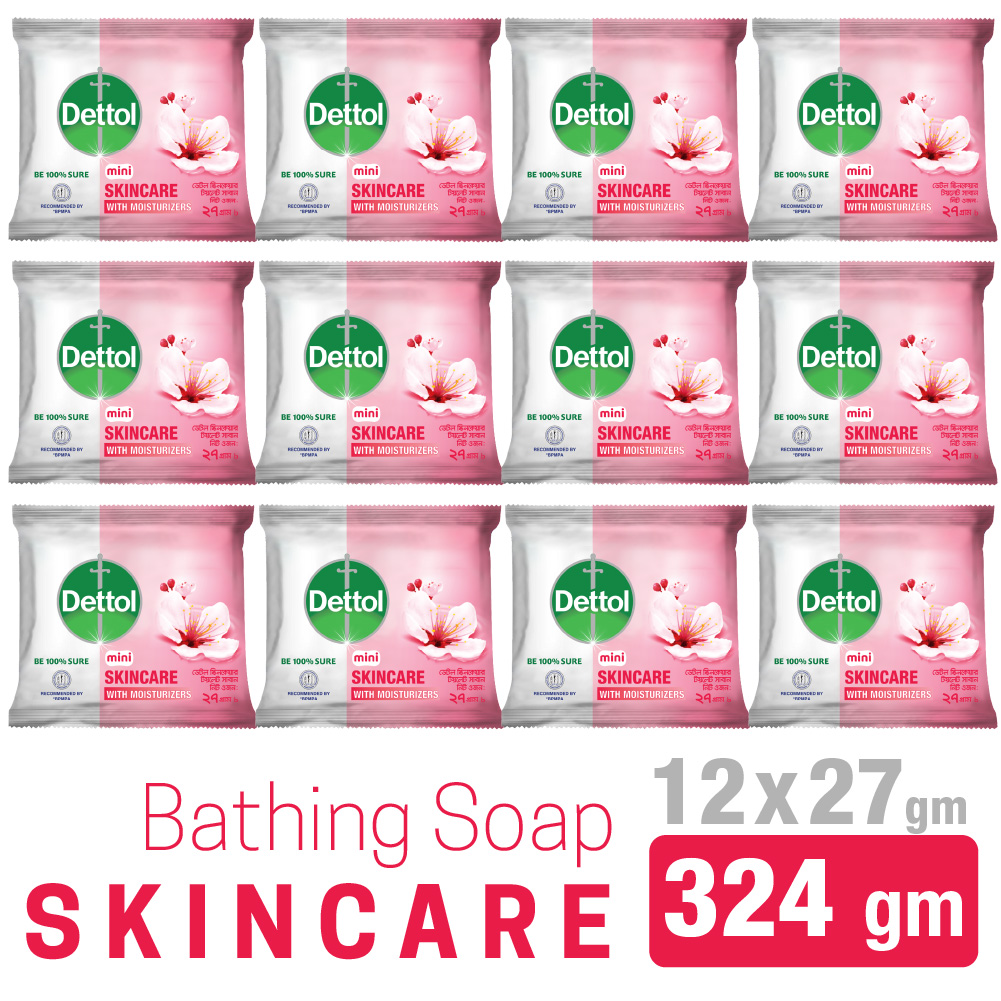Dettol Mini Soap Skincare Pack of 12 (27gm x 12pcs) 324gm Bathing Bar, Soap with Moisturizers