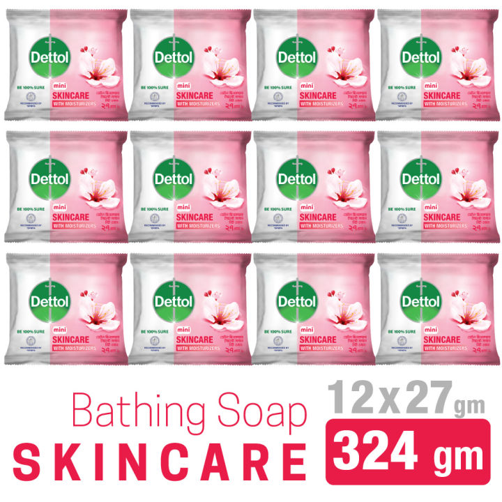 Dettol Mini Soap Skincare Pack of 12 (27gm x 12pcs) 324gm Bathing Bar, Soap with Moisturizers