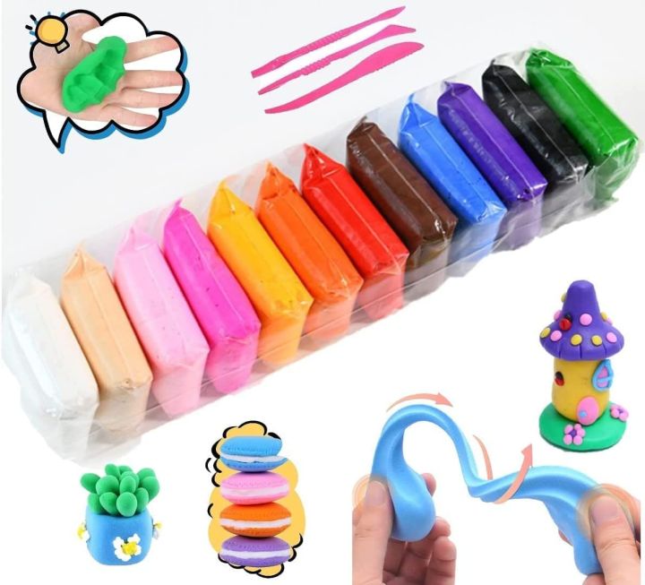 Baraky 12 Pcs Colors Air Dry Clay for Kids Non-Toxic Soft & Ultra Light Modeling Clay with Project Book, Accessories and Sculpting Tools, Perfect Creative Gift for Boys & Girls