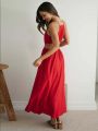 Sleeveless Beach Boho Summer Midi Dress Women Red Cut Hollow Out Waist Dresses Sundress Vintage French Style Dress.