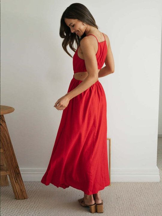 Sleeveless%20Beach%20Boho%20Summer%20Midi%20Dress%20Women%20Red%20Cut%20Hollow%20Out%20Waist%20Dresses%20Sundress%20Vintage%20French%20Style%20Dress%20-%20Image%205