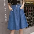 Spring Denim Skirt Women plus Size High Waist Anti-ExposureaElastic Waist Mid-Length Pleated Skirt FatMMOutfit.