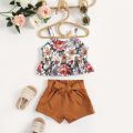 Kid Girl Short Pants Outfits, Floral Printed Ruffles Hem Sling Tops+ Elastic Solid Color Shorts Simple Style Set. 