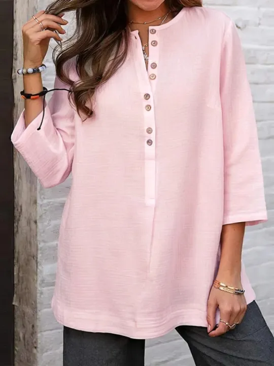 Whimsical%20White:%20Casual%20Tunic%20with%20Buttons%20and%20O-Neck%20-%20Image%203