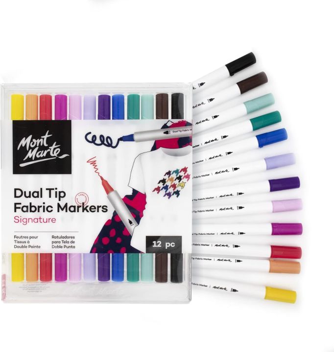 MONT MARTE Dual Fabric Pens Set – 12 pieces – Textile Markers with brilliant Colours – Dual Tip Fabric Markers – Permanent for Clothes