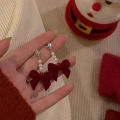 Red Flocked Fabric Bowknot Earrings Temperament Sweet Flowers Long Fringe Earrings jingu. 