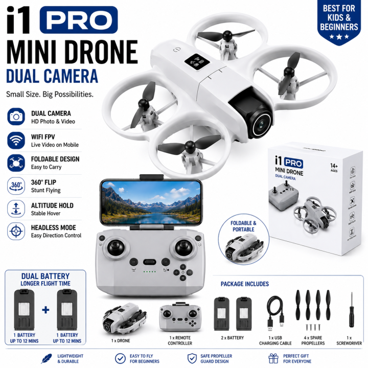New Flh i1 Pro Drone with Dual Camera and Remote Control - High-Definition Video, 1080p HD, Obstacle Avoidance, 2700mAh Battery, New
