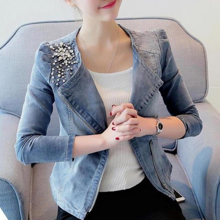 OIMG Women Denim Jackets Casual Slim Pearl