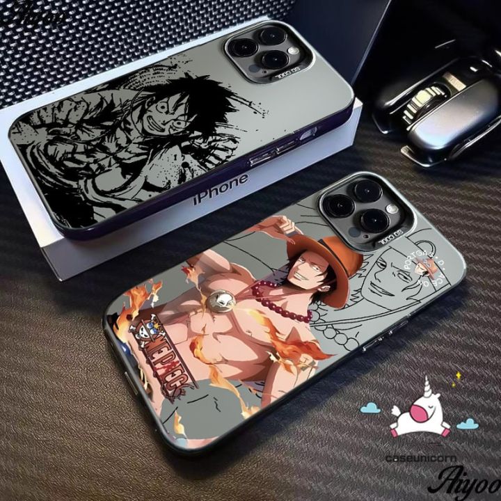 Trendy Brand One Piece Cool Luffy Ace Painting Case Compatible for IPhone 7Plus 13 14 15 12 11 Pro Max XR X XS Max 8 14 15 7 Plus SE Cartoon Couples Luxury Plating Metal Lens Cover