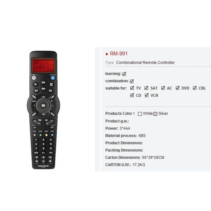 CHUNGHOP%20Remote%20Control%20for%20TV/TXT,DVD%20CD,VCR,SAT/CABLE%20and%20A/C%20-%20Image%203