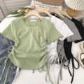 2023 Summer Design Sense Niche Hot Girl Shoulder Short Sleeve New Korean Style Top T T-shirt Slimming round Neck Yoga Clothes.