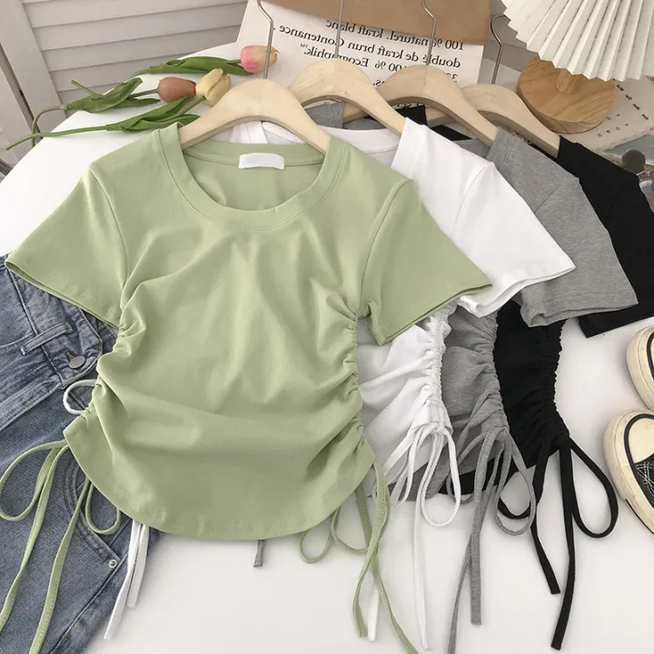 2023%20Summer%20Design%20Sense%20Niche%20Hot%20Girl%20Shoulder%20Short%20Sleeve%20New%20Korean%20Style%20Top%20T%20T-shirt%20Slimming%20round%20Neck%20Yoga%20Clothes%20-%20Image%203