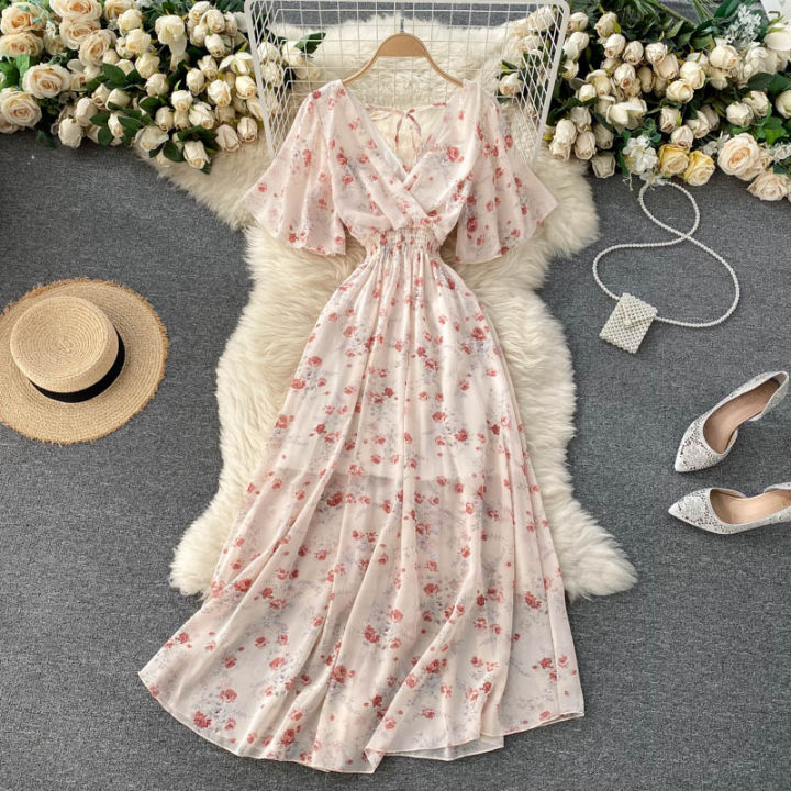 Retro Floral Print Ruffle Chiffon Elegant Midi Dress A-line V Neck Beach Vacation  Dress Women Korean Fashion Summer Vestidos Shapewear | Daraz.com.bd