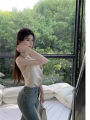 Elegant Adult Lady like Woman Style Halter v Collar Cross Sling T T-shirt 2024 Summer New Korean Style Sexy Backless Sleeveless Top.