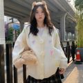 Women's Clothing New Korean Style Lazy Style Sweet Age-Reducing Candy Color Bow V Collar Three-Dimensional Flower Cardigan Sweater. 