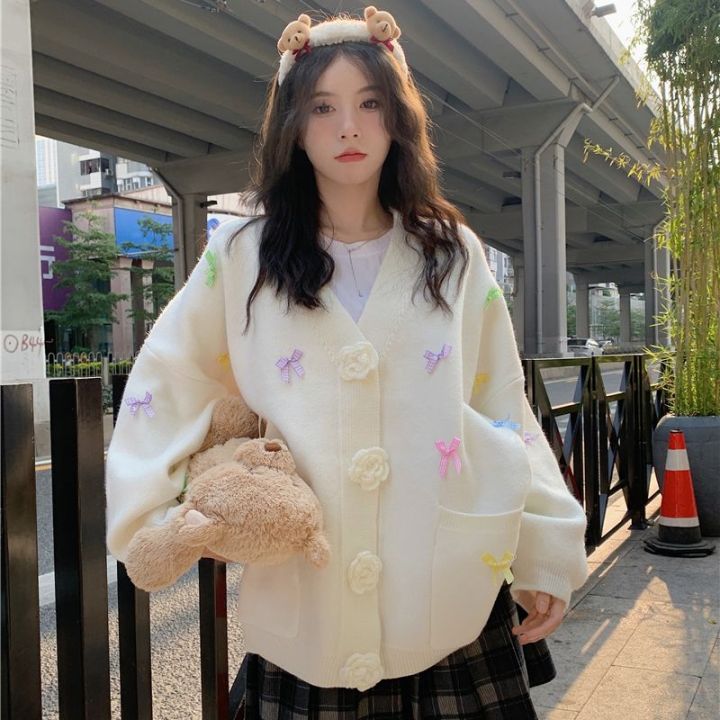 Women's%20Clothing%20New%20Korean%20Style%20Lazy%20Style%20Sweet%20Age-Reducing%20Candy%20Color%20Bow%20V%20Collar%20Three-Dimensional%20Flower%20Cardigan%20Sweater%20-%20Image%202