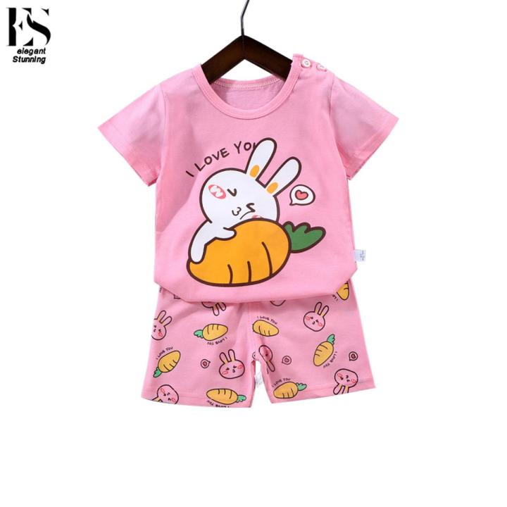 Elegantstunning Kids T-shirt Set Cartoon Printing Short Sleeve Cotton Tops Shorts Suit For 1-4 Years Old Boys Girls