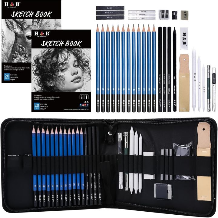 H & B 40 Piece Professional Sketch Pencil Drawing Kit,Complete Artist Kit, Including Graphite Pencils, Pastels, Sharpener and Eraser