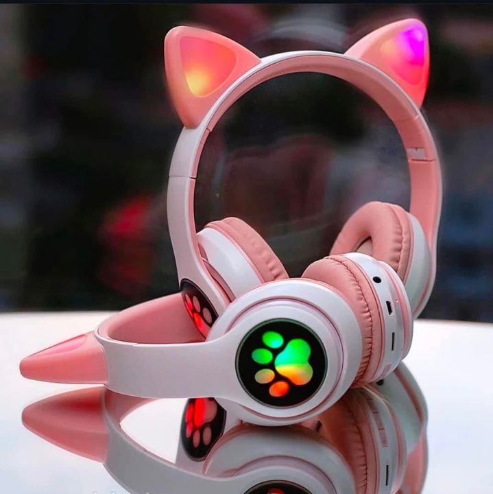 Flash Lamp Cute Cat Ears Headphone Bluetooth5.0 Stereo With Mic Support TF Card Wireless Kids Girl Earphone Birthday Gift