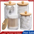 4 Pack Qtip Holder, 10-Ounce Bathroom Organizer Accessories Storage Containers Clear Plastic Apothecary Jars with Bamboo Lids for Cotton Ball, Cotton Swab, Floss. 