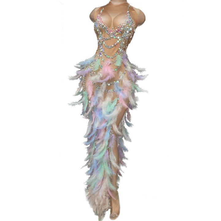 Nightclub%20Party%20Celebration%20Feather%20Rhinestone%20Dress%20Women%20Elastic%20Sleeveless%20Prom%20High%20Slit%20Dress%20Stage%20Performance%20Outfit%20-%20Image%202