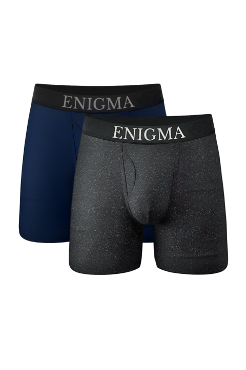 Enigma Premium Mens Underwear/Long Boxer Brief/With Front Fly Opening - Navy Blue & Space Grey - Non Ride Up - Comfortable Fit (2 Piece Set)