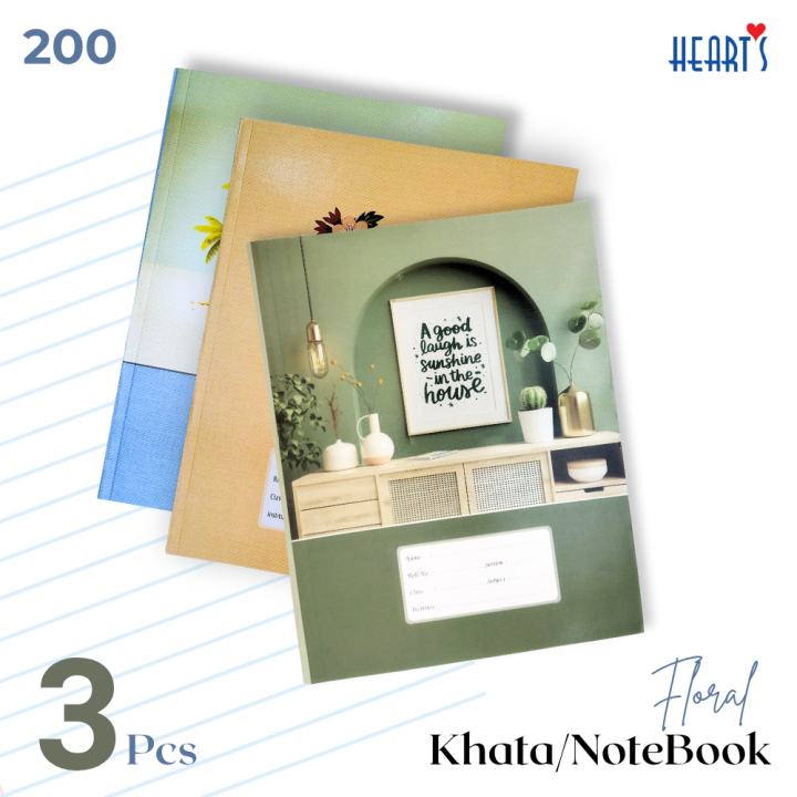 Exercise Khata – 200 Pages (3 Pcs) – White / Ruled / English & Margin – Stylish Cover – School & College Notebook – Design May Vary [ Floral Khata 200  Page ]