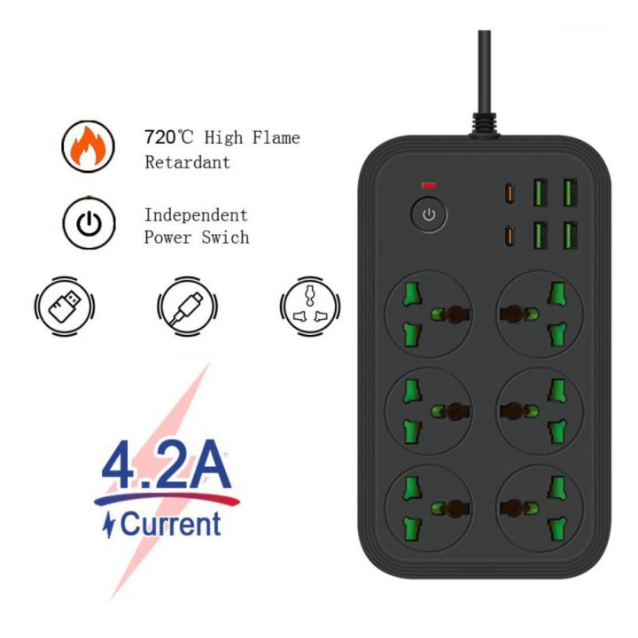 Pc Surge Protector Power Strip Black Universal Plug Multitap Extension Cord Power Multi Tap Power Button Electrical Power Strip