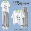 Summer Little Fresh Suit Girl Korean Loose Bear Polo Collar T T-shirt + Wide Leg Pants Two-Piece Suit Fashion. 