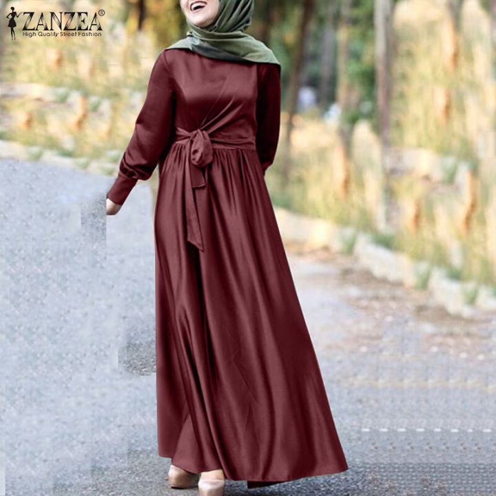 ZANZEA%20Muslimah%20Women%20Muslim%20Long%20Sleeve%20Satin%20Silky%20Evening%20Bowknot%20Waist%20Dancing%20Maxi%20Dress%20-%20Image%202