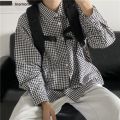 Black and White Plaid Shirt Female Spring and Autumn Fashion Thin Student Loose Long Sleeve Hong Kong Style Retro Design Sense All-Matching Shirt. 