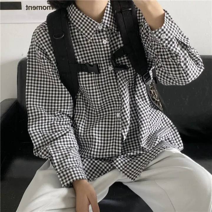 Black%20and%20White%20Plaid%20Shirt%20Female%20Spring%20and%20Autumn%20Fashion%20Thin%20Student%20Loose%20Long%20Sleeve%20Hong%20Kong%20Style%20Retro%20Design%20Sense%20All-Matching%20Shirt%20-%20Image%204