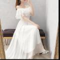 Women's Summer Beach Style Chiffon White Long Dress Lady Graceful Fairy Layers Ruffles Off-Shoulder Dresses Evening Party Gown.