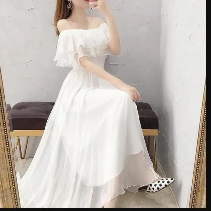 Women's%20Summer%20Beach%20Style%20Chiffon%20White%20Long%20Dress%20Lady%20Graceful%20Fairy%20Layers%20Ruffles%20Off-Shoulder%20Dresses%20Evening%20Party%20Gown%20-%20Image%203
