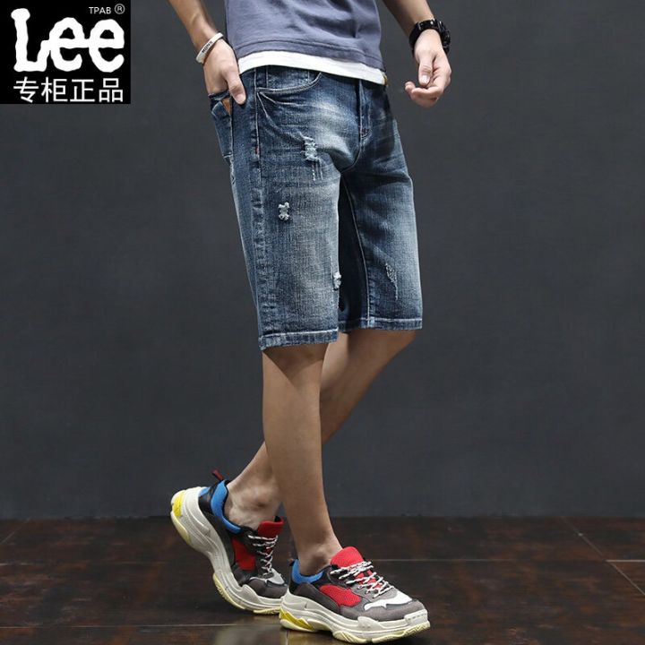 Lee Tpab cotton elastic washed denim shorts, men's quarter length jeans, youth summer casual pants trend