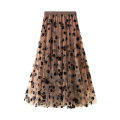 2021 Women Tutu Tulle Skirts, Elastic High Waist Floral Print Mesh Overlay Layered A Line Midi Skirt. 