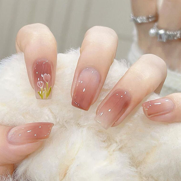 Brown Mixed Flower Print 24 Pcs Box Hand Nail With Glue