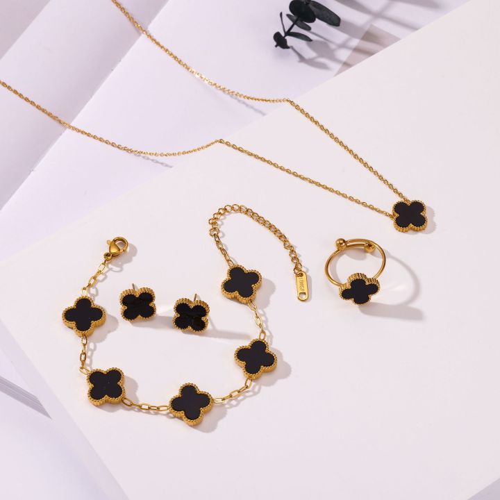 2023 Fashion Designer Brand Luxury Stainless Steel Bracelet 18k Gold Plated Four Leaf Clover Necklace Set For Women