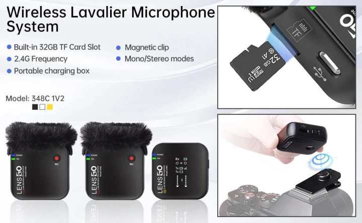 Lensgo348c%20Compact%20Digital%20Wireless%20Lapel%20Microphone%20System/Recorder%20With%20Extra%20Recording%20Button%20With%20Built%20in%20Magnet%20Clip%20(2.4%20GHz,%20Black)%20Camera%20&%20SmartPhone%20-%20Image%207